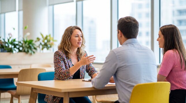 Experienced female advisor speaking with couple at office table during consultation, warm professional tone and collaborative atmosphere