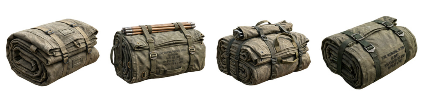 Military Bedroll and Rolled Canvas Blanket Set with Straps | Olive Drab Tactical Sleeping Gear and Camp Packs Collection Isolated on White Background for Survival
