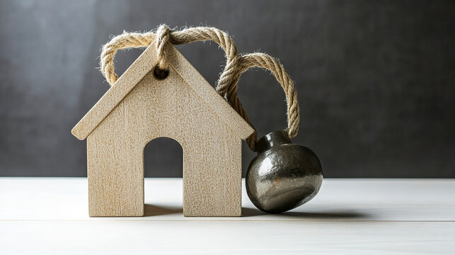 Wooden house model tied with thick rope to heavy metal weight on white surface with dark backdrop. Concept of mortgage burden property debt real estate financial crisis home loan stress liability.