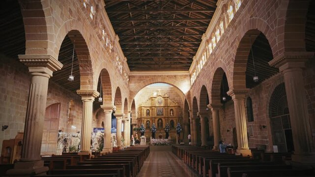 Interior of the parish church of Barichara, Santander, built of stone and wood in Colombia