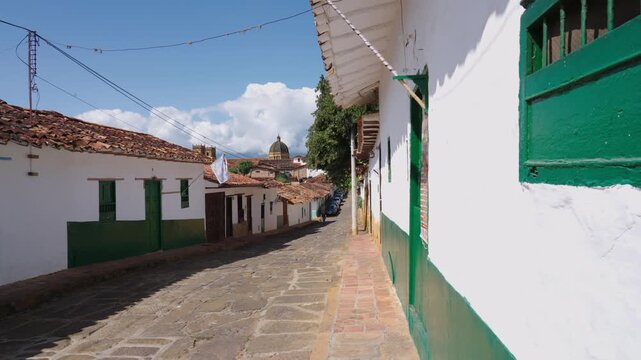 The town of Barichara, Santander, and its typical stone street with colonial houses in Colombia