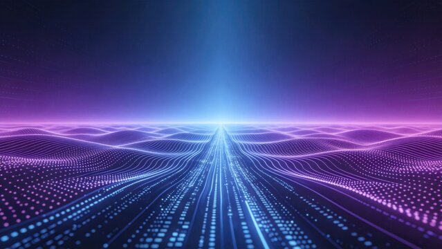 Curved glowing digital pathways with sparkling particles and flowing data streams, ideal for telecommunications marketing technology branding and website banners