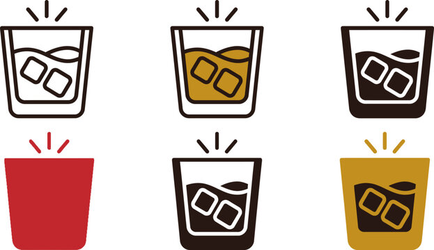 Six glasses with ice cubes in different colors and styles on white background