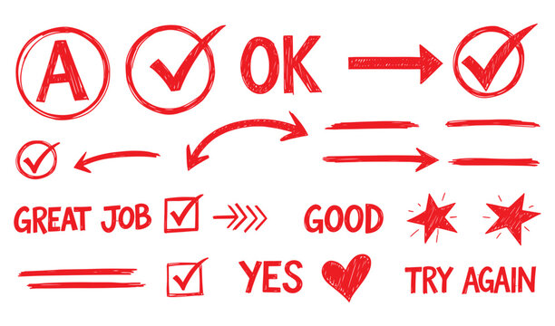 Red Hand-Drawn Check Marks, Approval Stamps and Doodle Symbols for Feedback and Rating