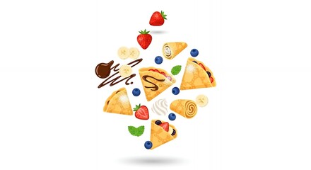 Fototapeta premium Delicious Flying Pancakes and Crepes with Berries Fruits and Chocolate Syrup Vector Design for Breakfast Menu Backdrop