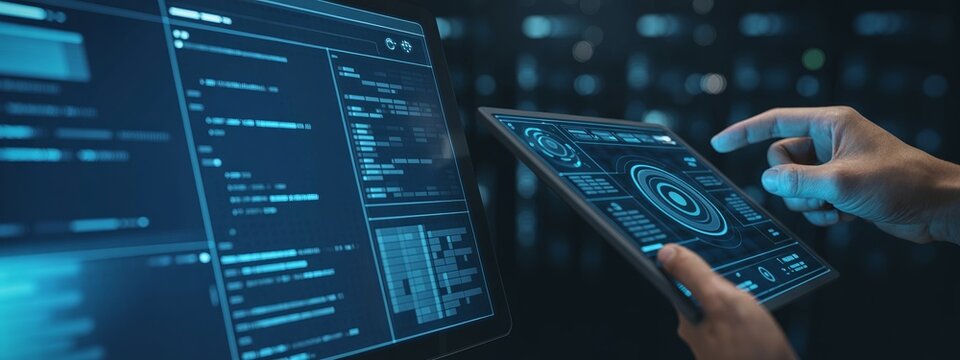 Developer using tablet and large computer monitor for analyzing complex software code data.