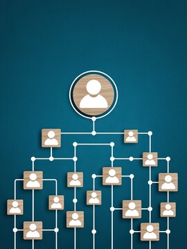 Organizational structure chart with human icons on wooden tiles representing hierarchy.