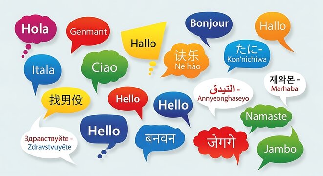 Multilingual Greetings Colorful Speech Bubbles Representing Global Communication.