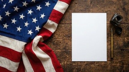 Fototapeta premium American flag and stationery on wood table patriotic composition