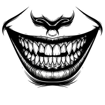 Monochrome illustration of a grinning face with sharp teeth on white background