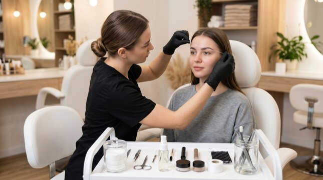 Professional brow styling scene with visible client, careful mapping process and clean workstation, focused on hygiene and treatment accuracy.
