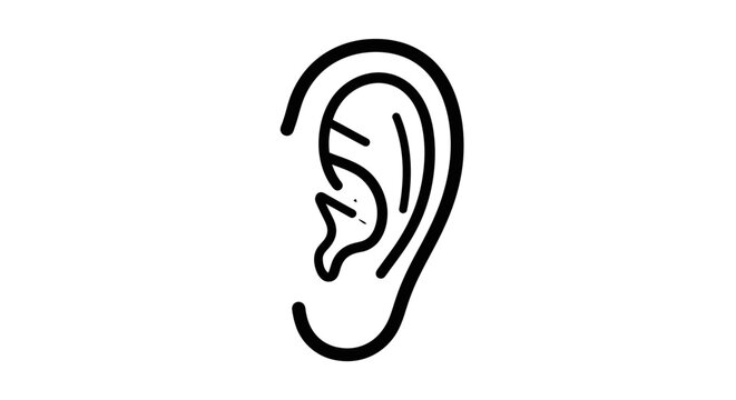 Simple black outline icon of a human ear hearing sound on white background