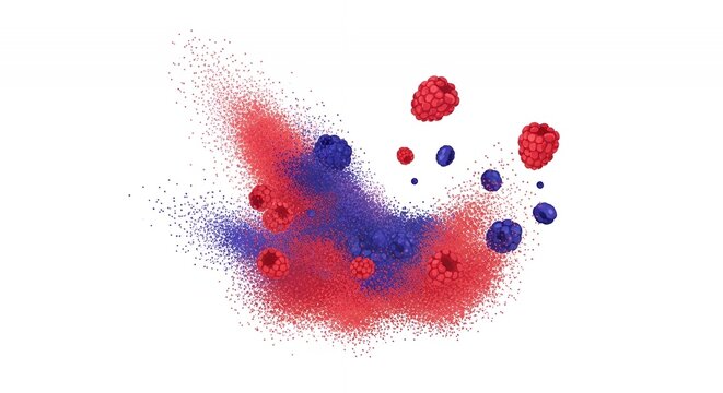 Red raspberries and dark blackberries bursting through vibrant colored powder splash on white backdrop.