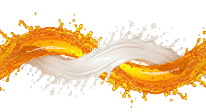 A dynamic splash of orange mango nectar and white cream intertwined in a swirling motion against a white background with droplets. Concept for food advertising