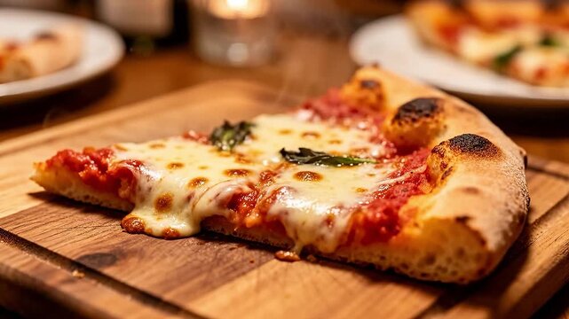 Hot slice of pizza with melted cheese and basil on a wooden board.