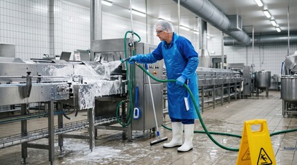 Fototapeta premium Industrial food facility sanitation scene with protective clothing, wet floor controls and clean equipment after manufacturing shift.