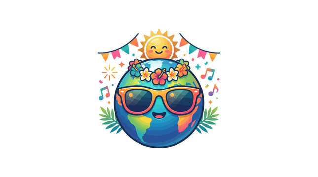 Happy Earth Character Wearing Sunglasses, Celebrating with Sun and Bunting Flags