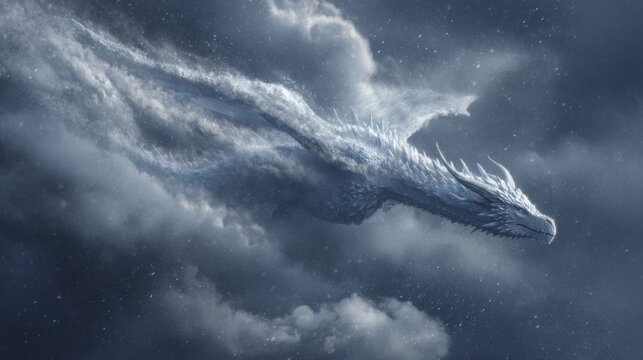 Mystical white dragon soaring through a cloudy, ethereal sky, embodying power and ancient fantasy legends