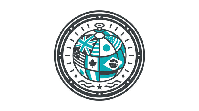 Globe with International Flags Emblem, World Travel and Diversity Concept