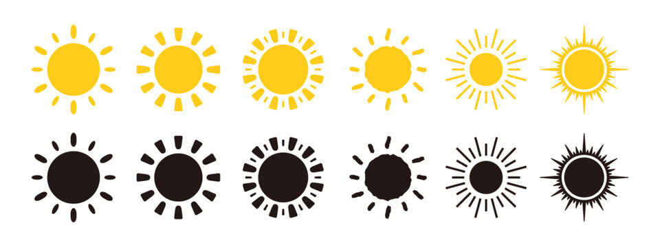 かわいいシンプルな太陽のアイコンセット、夏の晴れの手書き風天気マーク、真夏日、酷暑日のベクターイラスト素材