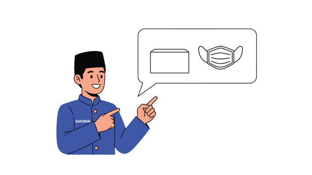 Man in a blue uniform and cap points to a speech bubble showing a package and a medical face mask for safety.