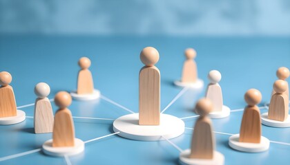Obraz premium Conceptual image of a leader connecting with their team, represented by wooden figures on a blue background