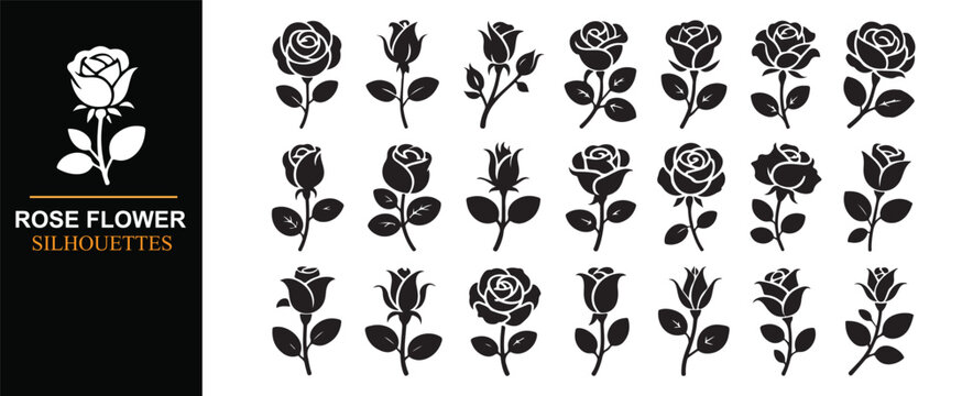 Decorative Rose Flower Icons in Minimalist Black Vector Style