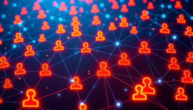 Abstract network of glowing red human icons connected by blue lines, representing social connections and digital communication