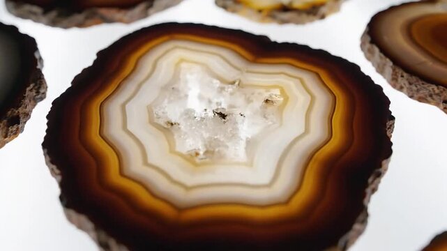 Banded Agate Slices Displaying Concentric Crystal Formations