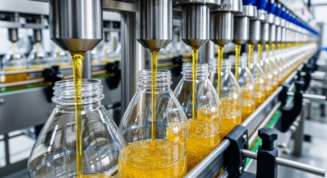 Row of industrial bottling machine nozzles fills transparent glass bottles with golden liquid on conveyor belt in modern factory