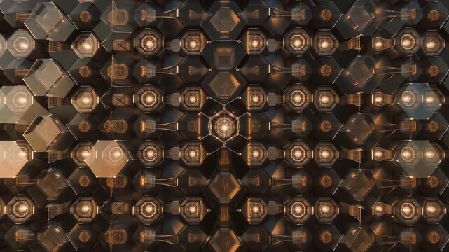 View close-up shots of a hexagonal design showing light patterns in an urban area during nighttime