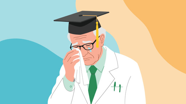 Sad senior male doctor wearing a graduation cap and white lab coat crying while wiping away tears with a white tissue after a hard event.