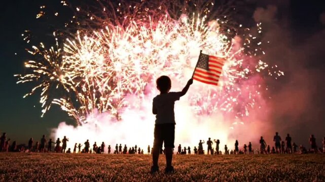 Silhouette of boy holding american flag watching vibrant fourth of 4th independence day fireworks display at night over dark meadow with crowd silhouettes in background clip.
