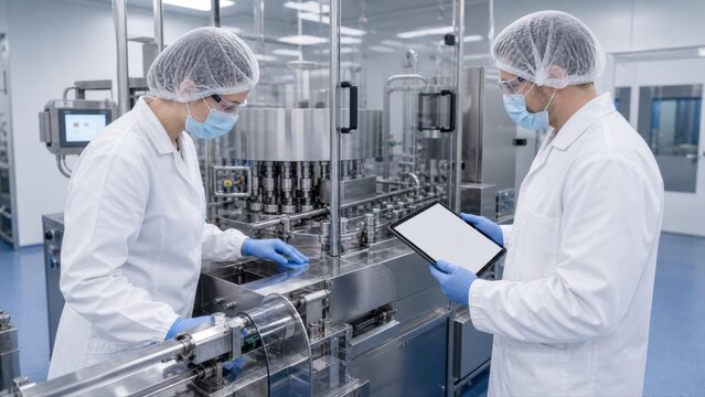 Pharmaceutical technician checking clean production line before new batch, showing line clearance and regulated hygiene protocol.