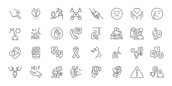 Social issues and support icons in line design. social issues, mental health, harassment, bullying, emotional support, help, community care on white background vector. Social issues and support editab