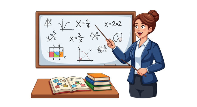 Female teacher explaining math on blackboard.
