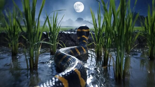 Banded Snake Slithering Through Moonlit Rice Paddy Fields