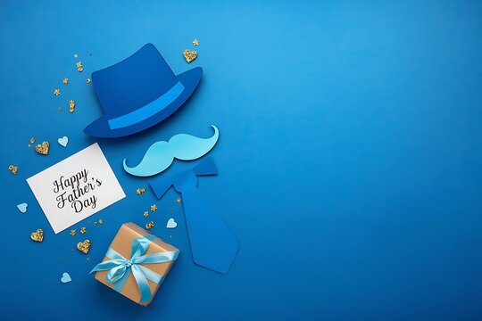 Happy fathers day card with blue hat and mustache paper decorations on blue background mustache greeting celebration appreciation decoration background backdrop masculine confetti horizontal