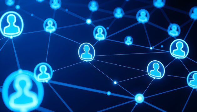 Abstract network of connected user icons representing a global social connection and communication concept