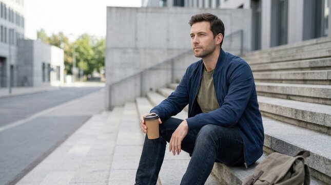 Relaxed man on city steps with cup shows urban decompression quiet pause and outdoor balance concept for modern lifestyle wellness and stock use daily