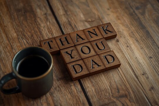Thank you dad scrabble tiles and a cup of coffee on rustic wooden surface with appreciation breakfast celebration gratitude beverage affection background creative greetings lifestyle