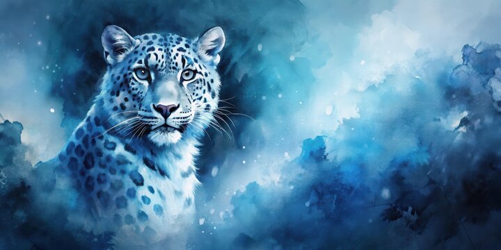A Majestic Snow Leopard in a Blue Watercolor Dreamscape A Serene and Mystical Portrait of a Wild Cat
