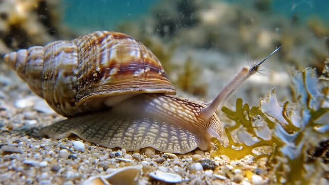 A Garden Snail Moves Slowly Over a Sandy Seabed with Aquatic Plants