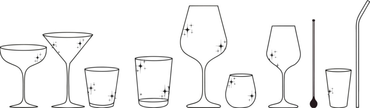 Collection of various cocktail glasses and bar tools in minimalist black line art style for beverage menu and hospitality industry graphic design projects