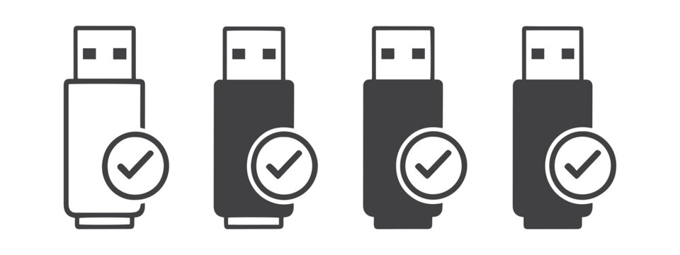USB Flash Drive Icon Set with Check Mark Approved Storage Device Vector Collection