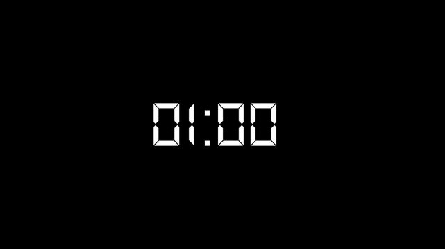 Digital clock 2 minute reverse countdown timer animation from 02:00 to 00:00 seconds with glowing white led electronic numbers stopwatch display isolated on black background.