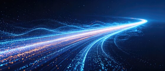 Plakat Abstract blue data stream flowing through digital space with glowing particles and light trails, big data analytics technology background, idea for network communication design