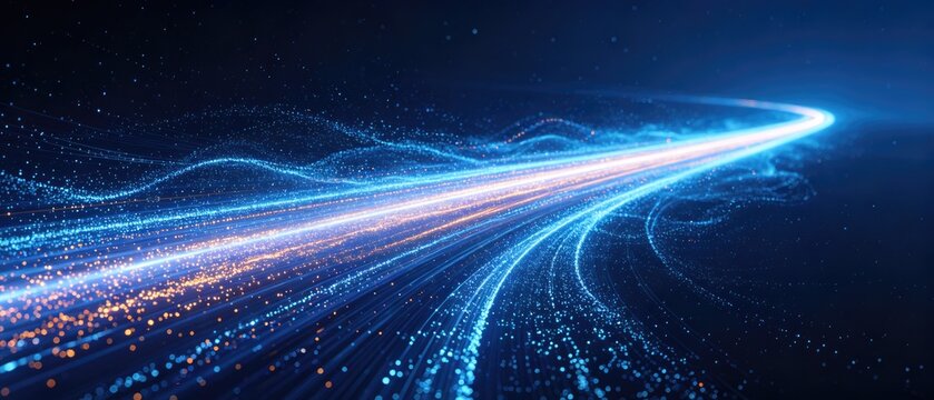 Abstract blue data stream flowing through digital space with glowing particles and light trails, big data analytics technology background, idea for network communication design