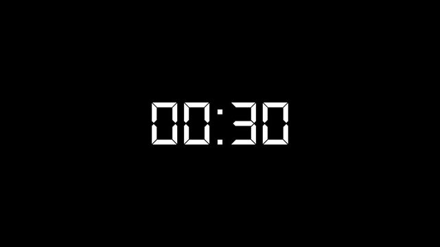 Digital clock reverse countdown timer animation from 60 to 00 seconds with glowing white led electronic numbers stopwatch display isolated on black background.