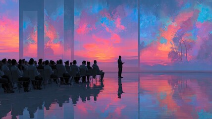 Fototapeta premium Professional coach leading mindfulness workshop diverse corporate audience modern conference hall holographic infographic screen leadership wellness 